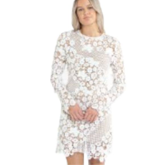 Self-Portrait 3D Flower White Lace Long Sleeve Mini Dress Size 8 - Picture 4 of 15